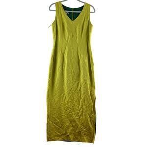 Donna Morgan Linen Rayon Sheath Dress Women's 6 Vneck Maxi Side Slits Chartreuse